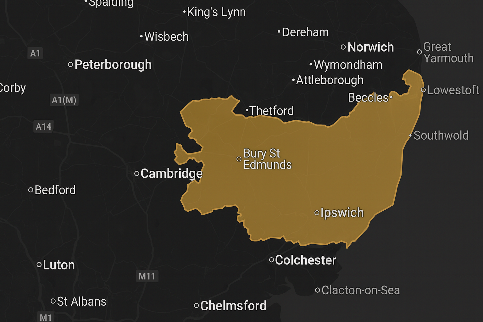 Map of East Anglia with key towns labeled on a black background